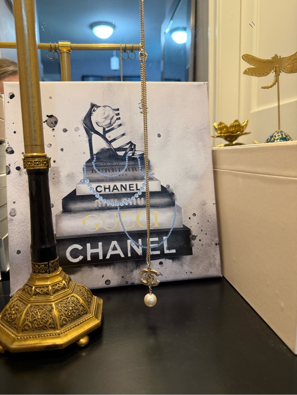 CHANEL Gold Tone Pendant Necklace with Pearl Drop
